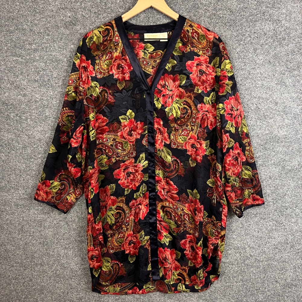 Vintage Gold‎ tag Victoria's Secret Floral Paisley Sheer Kimono Robe Duster M L